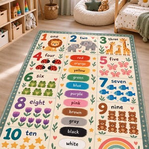May include: A rectangular area rug featuring a grid layout with numbers one through ten, each paired with corresponding illustrations of animals, insects, or shapes. A central column displays color names in colored ovals, and a rainbow graphic.
