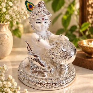 Bal Gopal Krishna Idol, Silverpläterad Krishna-staty, Laddu Gopal Murti, Baby Krishna-dekor, hinduisk gudsstaty, indisk andlig gåva