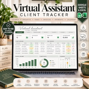 Puede incluir: Una hoja de cálculo digital de seguimiento de clientes para asistente virtual en la pantalla de una computadora portátil, con secciones para clientes, proyectos, tareas, facturas, pagos y un calendario. La interfaz incluye tablas de datos, un gráfico de barras de ingresos mensuales y un gráfico circular de estado del cliente.