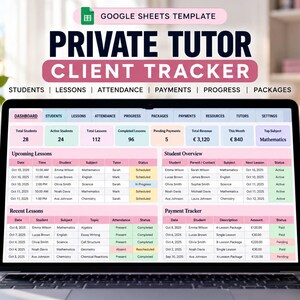 Op de afbeelding: Een laptopscherm met een Google Sheets-sjabloon voor het bijhouden van privé-bijlesklanten. Het dashboard toont statistieken over leerlingen, lessen, aanwezigheid, betalingen en voortgang, inclusief tabellen voor planning en betalingen.