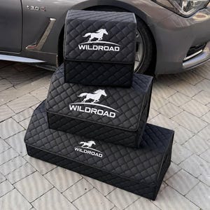 Organizador de carro personalizado com bordado, caixa de armazenamento para porta-malas acolchoada preta, tamanhos P a GG