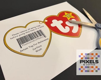 Op de afbeelding: Een bedrukt vel met een hartvormig rood en goudkleurig Ty Beanie Baby-label met een streepjescode en de tekst: Please remove all swing tags before giving this item to a child, Pixelsandcoffee, Retain Tag For Reference, Surface Wash.
