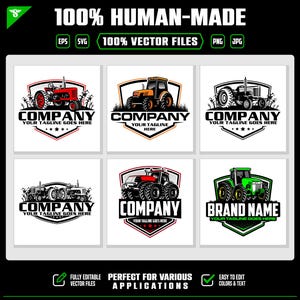 May include: A collection of six tractor logo designs featuring various agricultural vehicles in red, orange, black, and green. Each emblem includes a shield shape, the text COMPANY or BRAND NAME, and the placeholder text YOUR TAGLINE GOES HERE.