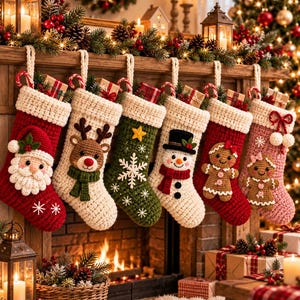Puede incluir: Seis calcetines navideños de ganchillo colgados en fila, con diseños de Papá Noel, un reno, un copo de nieve, un muñeco de nieve y dos figuras de pan de jengibre. Cada calcetín tiene un puño blanco y contiene pequeñas cajas de regalo.