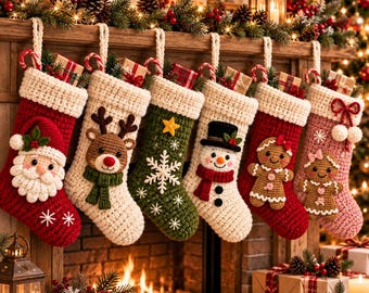 May include: Six crocheted Christmas stockings hanging in a row, featuring designs of Santa Claus, a reindeer, a snowflake, a snowman, and two gingerbread figures. Each stocking has a white cuff and is filled with small wrapped gift boxes.