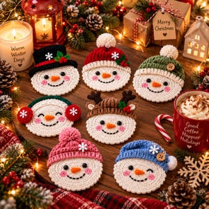 Puede incluir: Un conjunto de siete posavasos redondos de ganchillo con forma de muñeco de nieve que lucen varios gorros de invierno, incluyendo un sombrero de copa negro, gorros con pompón rojos, verdes, rosas y azules, orejeras y astas de reno.