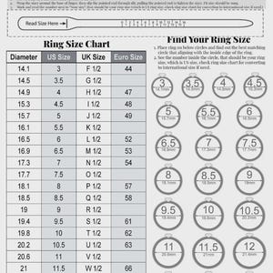 May include: A black and white printable ring size guide featuring a measurement strip, a comprehensive conversion chart for US, UK, and Euro sizes, and a series of circular templates ranging from size 3 to 13.5 for determining ring fit.