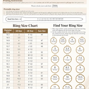 May include: A printable ring size chart by SJ Surka Jewels featuring a 10mm scale reference, instructions for a paper sizer, a conversion table for US, UK, and Euro sizes, and a visual guide with numbered circles ranging from 3 to 13.5.