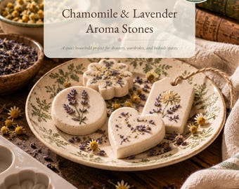 Peut inclure: Un PDF de recette numérique intitulé Stillroom Co. Chamomile & Lavender Aroma Stones présentant une assiette avec trois galets aromatiques blanc cassé décorés de fleurs de lavande et de camomille séchées, avec des bols d'herbes et un moule.