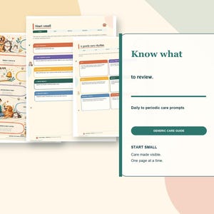 May include: A set of printed pet care planner pages featuring illustrations of a person with a dog and cat, a calendar, and checklists. The text includes "Start small," "A gentle care rhythm," and "Know what to review" with prompts.