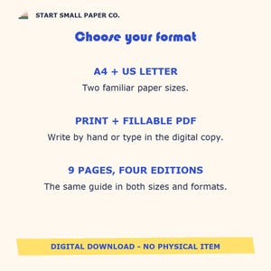 May include: A digital document titled START SMALL PAPER CO. with the heading Choose your format. It lists A4 and US LETTER sizes, PRINT and FILLABLE PDF options, and 9 PAGES, FOUR EDITIONS. A yellow banner states DIGITAL DOWNLOAD - NO PHYSICAL ITEM.