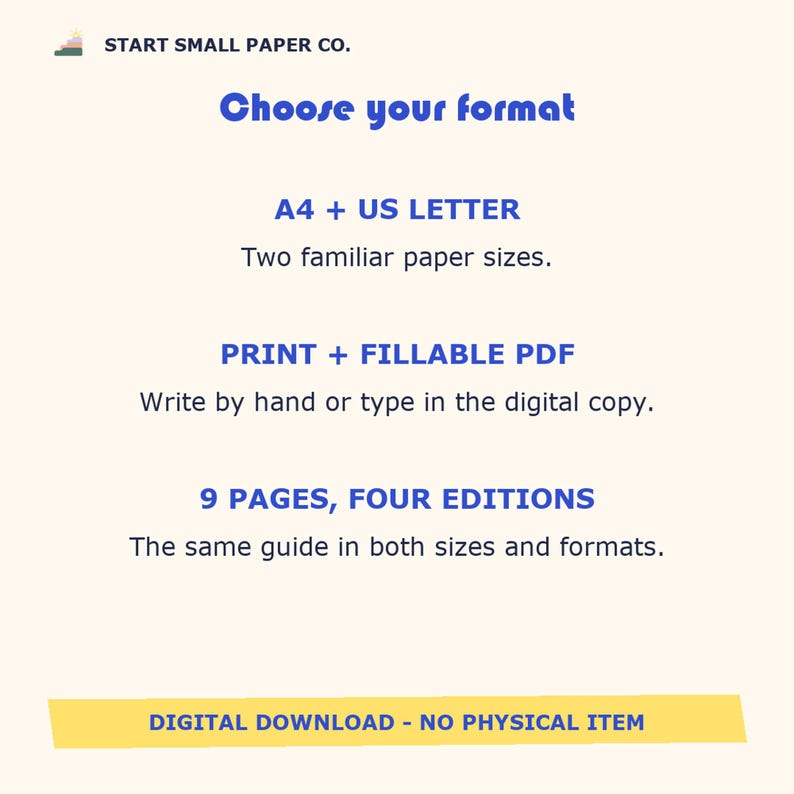 May include: A digital document titled START SMALL PAPER CO. with the heading Choose your format. It lists A4 and US LETTER sizes, PRINT and FILLABLE PDF options, and 9 PAGES, FOUR EDITIONS. A yellow banner states DIGITAL DOWNLOAD - NO PHYSICAL ITEM.
