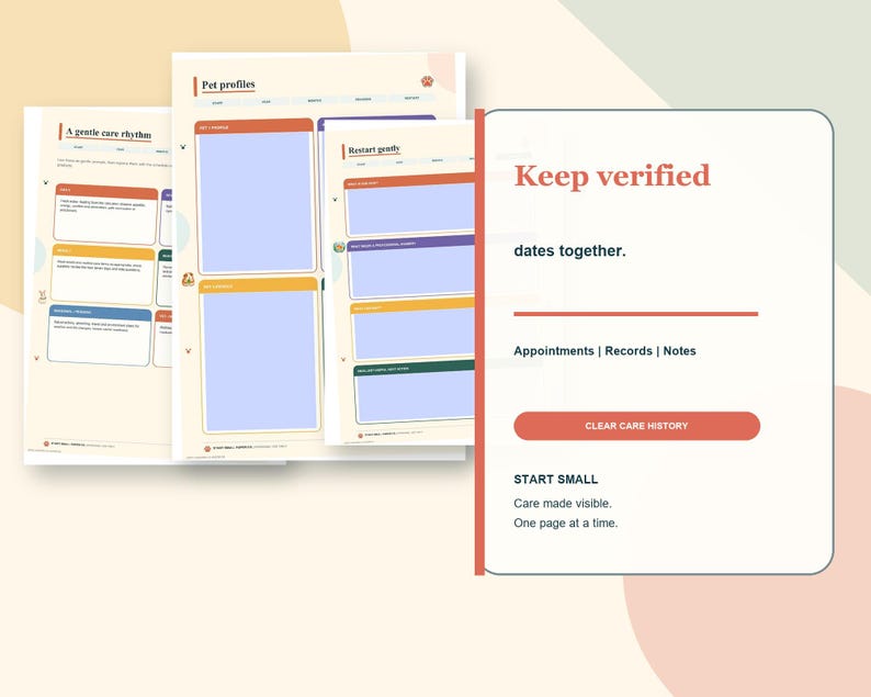 May include: A set of printable pet care planner pages featuring sections titled A gentle care rhythm, Pet profiles, and Restart gently. The documents include fields for appointments, records, notes, and a button labeled CLEAR CARE HISTORY.