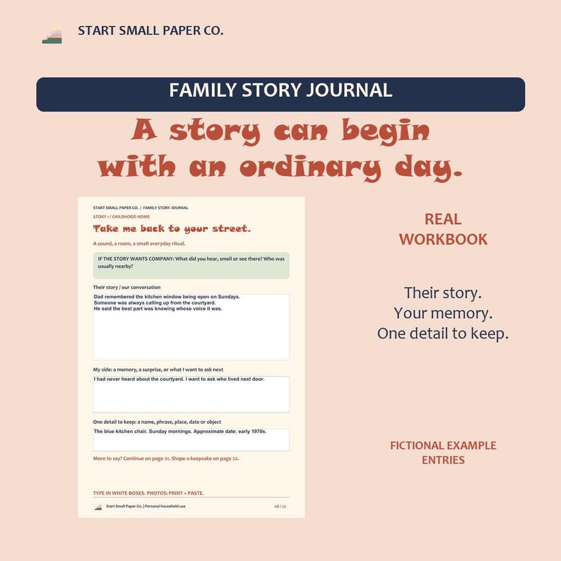 May include: A Family Story Journal workbook with a light peach background. The text reads: Start Small Paper Co., Family Story Journal, A story can begin with an ordinary day, Real Workbook, Their story. Your memory. One detail to keep.