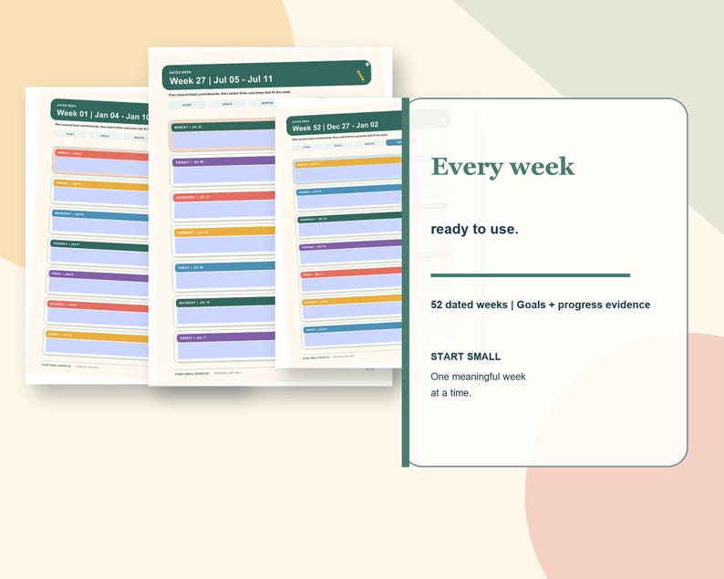 May include: A digital weekly planner set featuring three pages with colourful daily rows and a white information card with the text Every week ready to use. 52 dated weeks | Goals + progress evidence. START SMALL One meaningful week at a time.