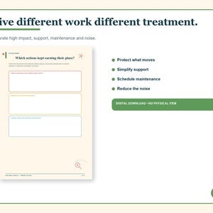 May include: A digital planning worksheet titled Give different work different treatment with sections for high impact, support, maintenance, and noise. The page includes the text Which actions kept earning their place and a digital download notice.