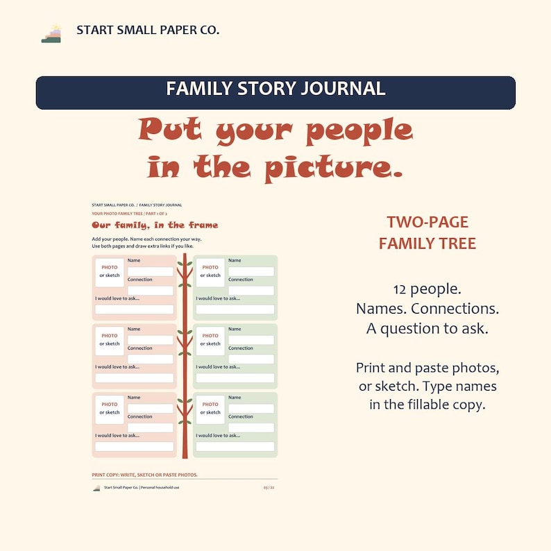 May include: A Family Story Journal page titled Our family, in the frame, featuring a two-page family tree layout for 12 people. The template includes spaces for photos or sketches, names, connections, and questions to ask, with a central tree graphic.