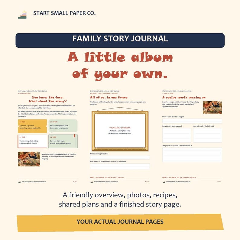 May include: A Family Story Journal by Start Small Paper Co. featuring three pages with prompts for recording family memories, recipes, and photos. The pages include sections for writing, sketching, and pasting 4x6 inch photos, with headings like A little album of your own and A recipe worth passing on.