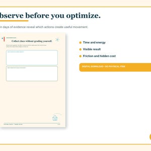 May include: A digital planning worksheet titled Observe before you optimise with the subtitle Seven days of evidence reveal which actions create useful movement. It includes sections for Time and energy, Visible result, and Friction and hidden cost.
