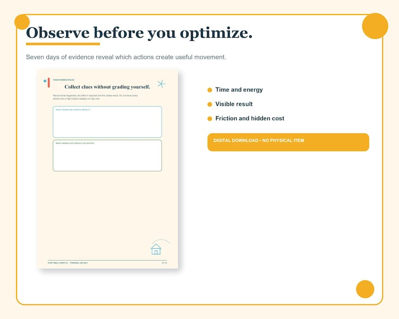 May include: A digital planning worksheet titled Observe before you optimise with the subtitle Seven days of evidence reveal which actions create useful movement. It includes sections for Time and energy, Visible result, and Friction and hidden cost.