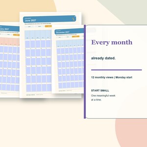 May include: A set of three calendar pages for January, June, and December 2027 with blue grids and a white information card featuring the text Every month already dated. 12 monthly views | Monday start. START SMALL One meaningful week at a time.