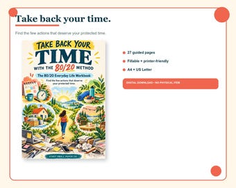 May include: A digital workbook titled Take Back Your Time with the 80/20 Method, featuring an illustrated cover with a person walking toward a sunrise, surrounded by vignettes of a desk, house, and outdoor scenes, with 27 guided pages.