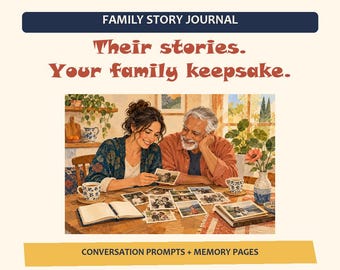 May include: A Family Story Journal digital download featuring the text 'START SMALL PAPER CO.', 'FAMILY STORY JOURNAL', 'Their stories. Your family keepsake.', and 'CONVERSATION PROMPTS + MEMORY PAGES'. It includes 22 pages in A4 and US Letter sizes.