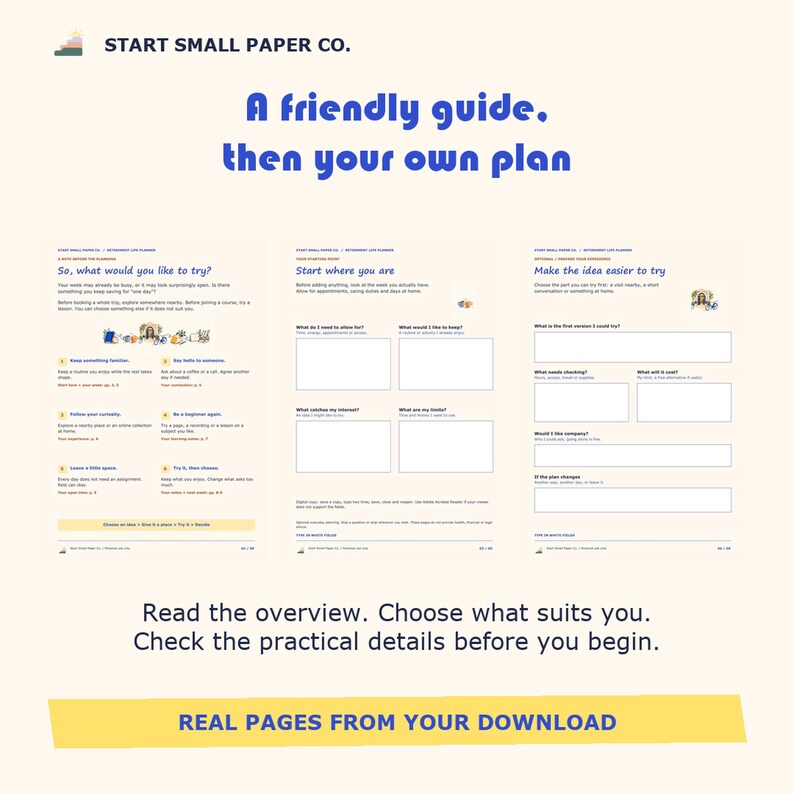 May include: Three pages from a Start Small Paper Co. planner with blue text on a cream background. The pages feature sections titled So, what would you like to try?, Start where you are, and Make the idea easier to try, with blank boxes.