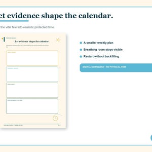 May include: A digital weekly planner page with the text Let evidence shape the calendar and Turn the vital few into realistic protected time. It features four blank rectangular fields for scheduling, a clock icon, and bullet points.