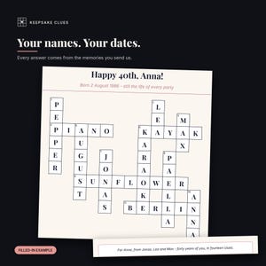 Personalised Birthday Crossword Puzzle, Custom Gift From Their Own Life Story, Printable A4 PDF, We Write the Clues, Sent in 1-3 Days