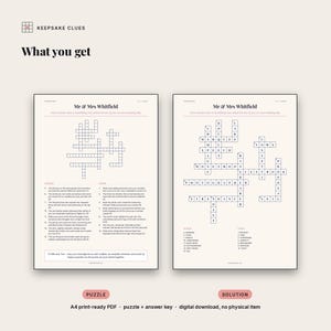 What you receive: a print-ready A4 puzzle page with the clue lists, plus a full solution page