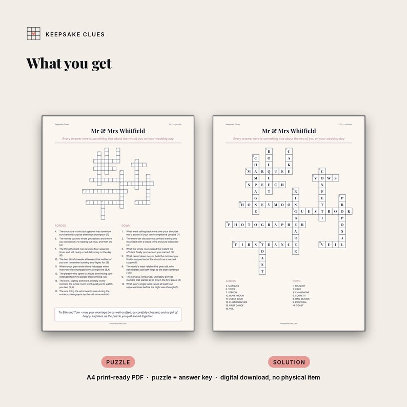What you receive: a print-ready A4 puzzle page with the clue lists, plus a full solution page