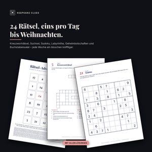 May include: A collection of printable puzzle sheets titled Keepsake Clues, featuring 24 daily challenges leading up to Christmas. The pages include a numbered advent calendar grid, a crossword puzzle for day 5, and a Sudoku grid for day 21.