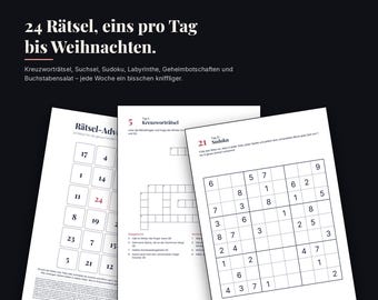 May include: A collection of printable puzzle sheets titled Keepsake Clues, featuring 24 daily challenges leading up to Christmas. The pages include a numbered advent calendar grid, a crossword puzzle for day 5, and a Sudoku grid for day 21.