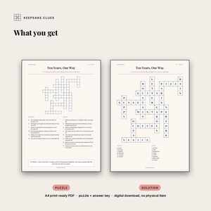 What you receive: a print-ready A4 puzzle page with the clue lists, plus a full solution page