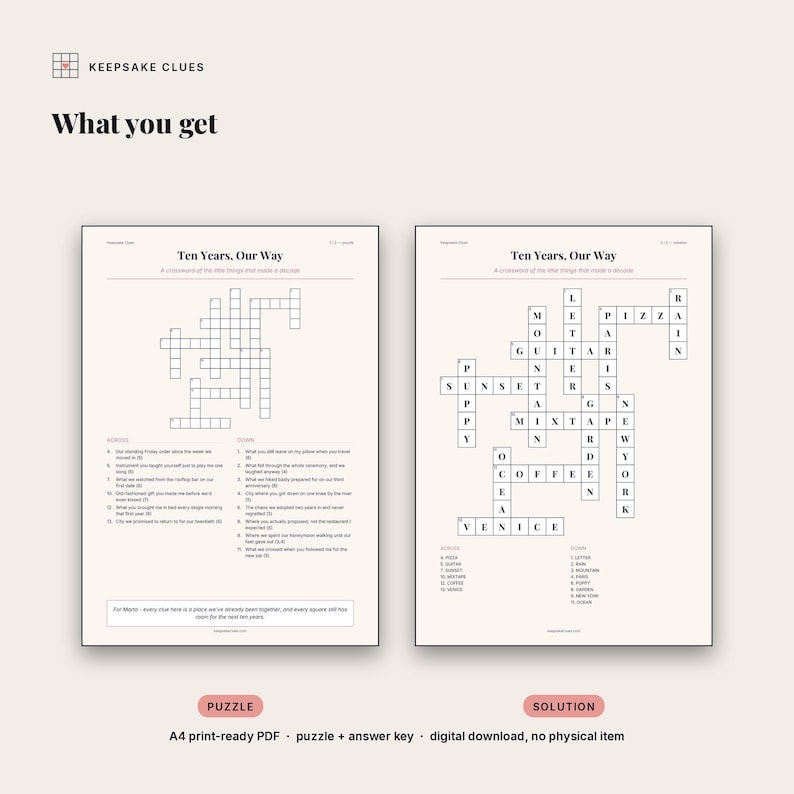 What you receive: a print-ready A4 puzzle page with the clue lists, plus a full solution page