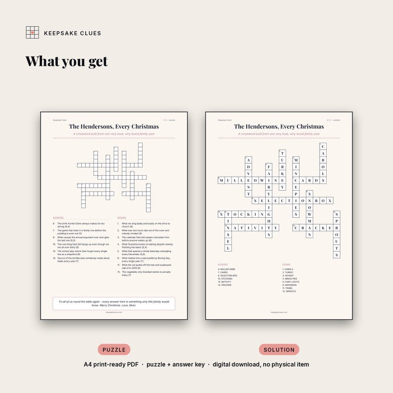 What you receive: a print-ready A4 puzzle page with the clue lists, plus a full solution page