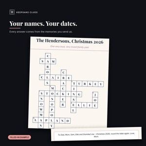 Close-up of a finished personalised christmas crossword: the names, the dates and the filled-in answers, with the dedication line