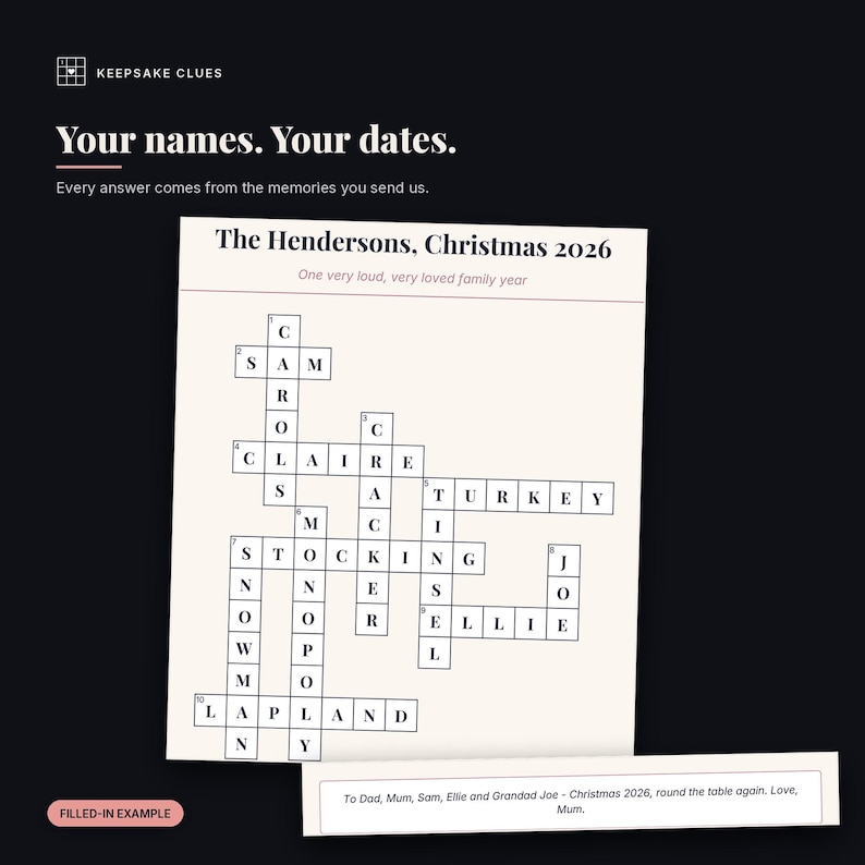 Close-up of a finished personalised christmas crossword: the names, the dates and the filled-in answers, with the dedication line