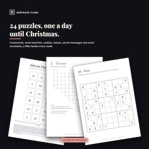 The cover’s door plan fanned with the day 5 crossword and day 21 sudoku, with "Answer key included"