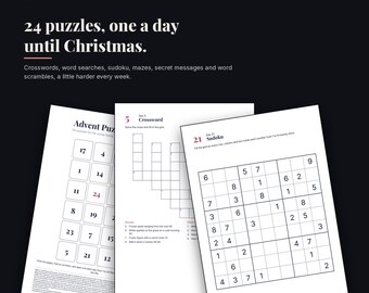 May include: A set of 24 printable puzzle pages titled Keepsake Clues, featuring crosswords, word searches, sudoku, mazes, and word scrambles. The pages include a numbered advent calendar grid, a crossword puzzle, and a sudoku grid with an answer key.
