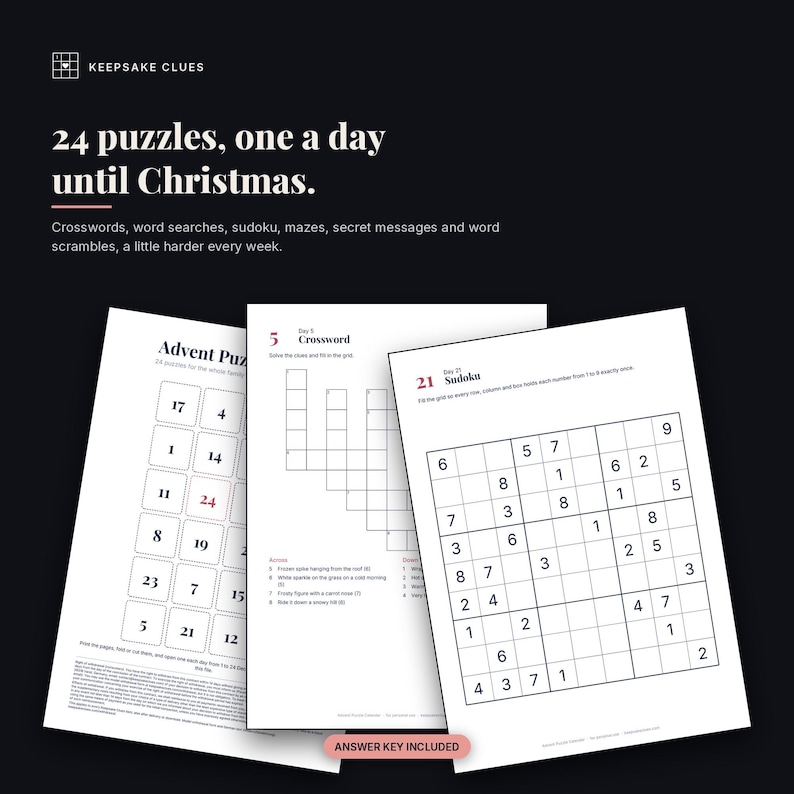 The cover’s door plan fanned with the day 5 crossword and day 21 sudoku, with "Answer key included"