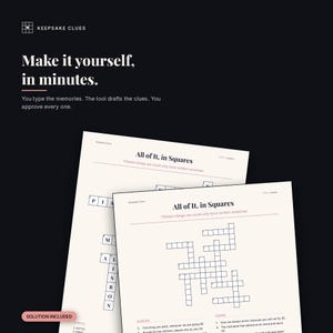 A finished, personalised puzzle and its solution, with "Make it yourself, in minutes."