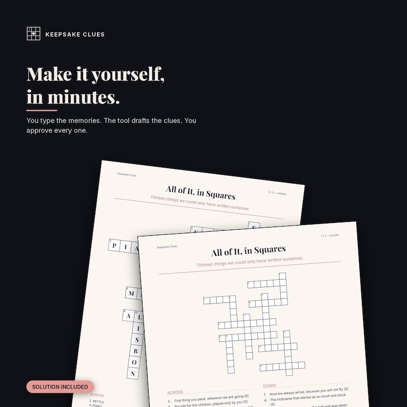 A finished, personalised puzzle and its solution, with "Make it yourself, in minutes."