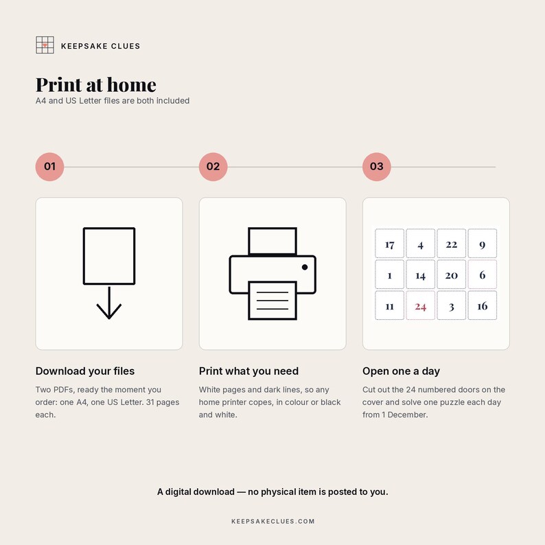 Download both files, then print A4 or US Letter, then open one a day