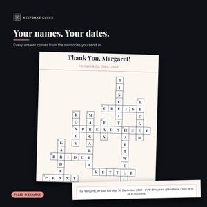 Close-up of a finished personalised retirement crossword: the names, the dates and the filled-in answers, with the dedication line