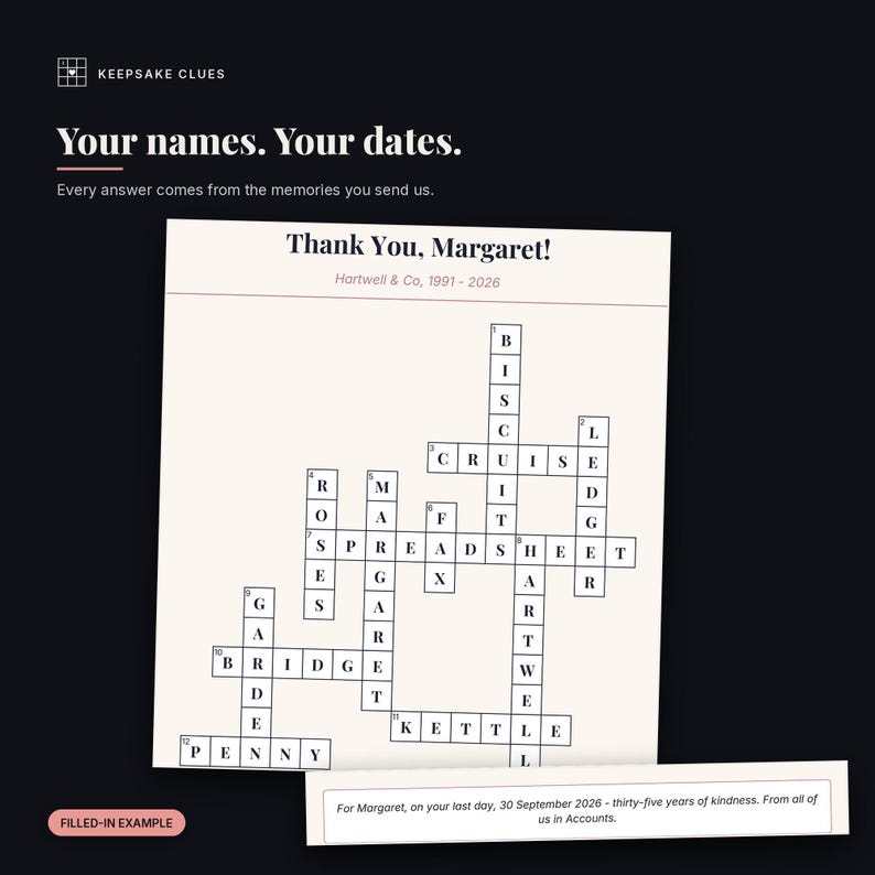 Close-up of a finished personalised retirement crossword: the names, the dates and the filled-in answers, with the dedication line