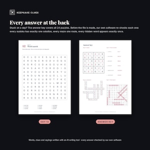 The day 12 word search beside the answer-key page that solves it