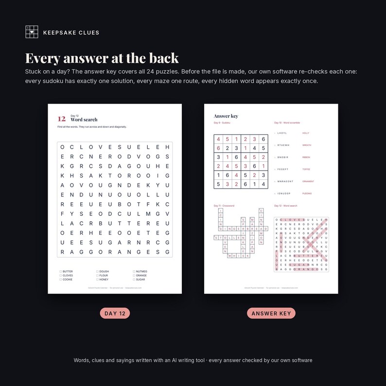 The day 12 word search beside the answer-key page that solves it