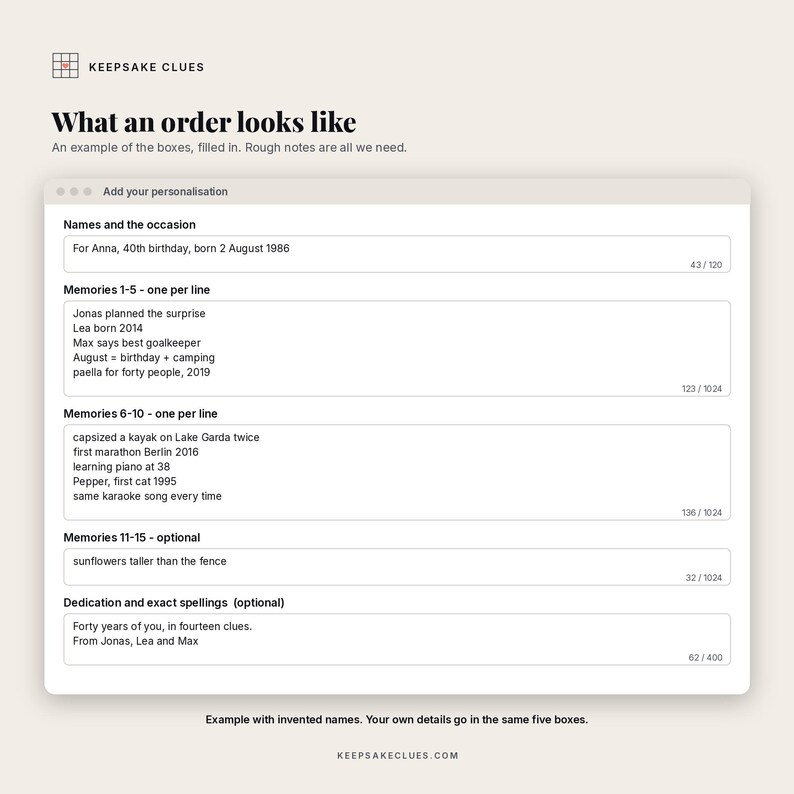 Example of the five personalisation boxes filled in at checkout, with invented names